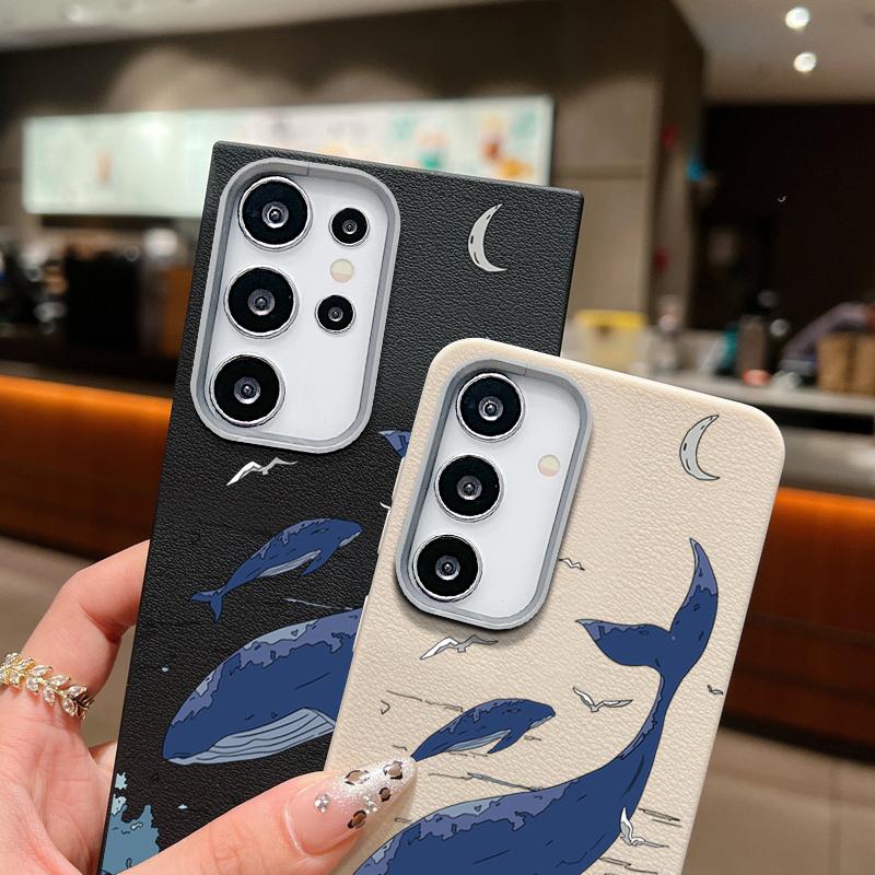 Whale Print Leather Texture TPU Phone Case For Samsung S25 S24 FE S23 Ultra S22 A56 A36 A16 A15 A55 A35 Slim Shockproof Matte Soft Bumper Cover