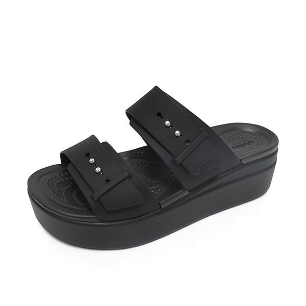Crocs Brooklyn Buckle Low Wedge Heel Sandals Slippers Black 207431 001