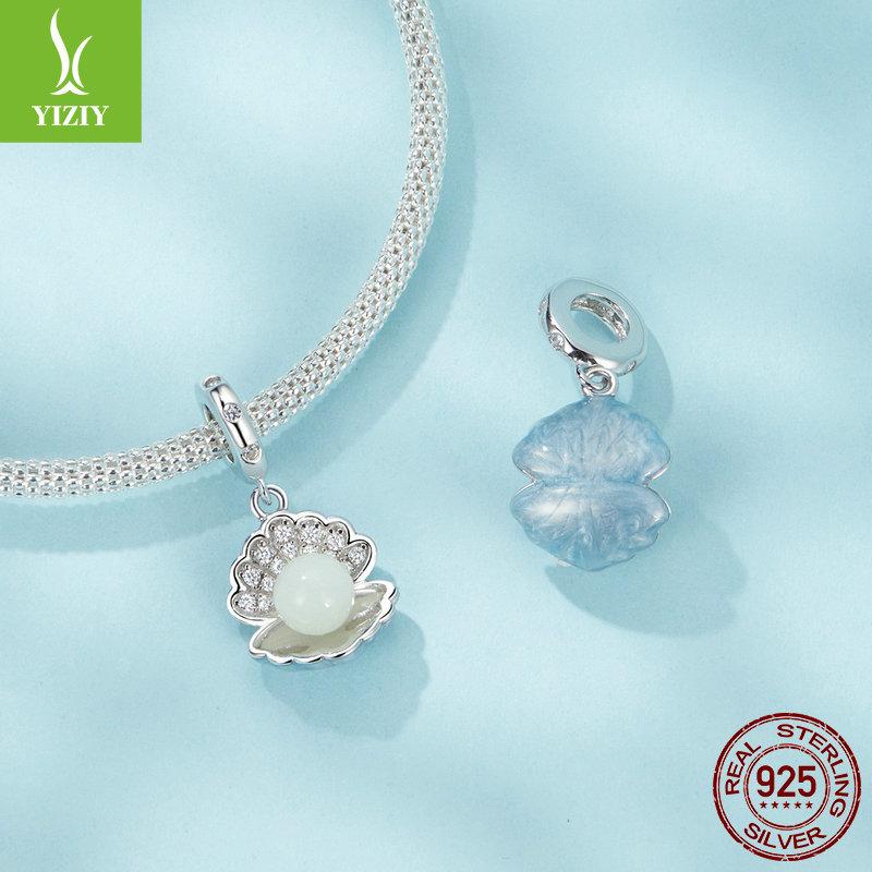 Light Blue Shell Luminous Beads Diy Pendant, Ocean Wind Charm Luminous Stone S925 Silver Bracelet Beaded.