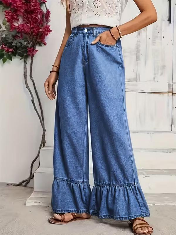 

Wide Ruffle Design Floor-Length Blue Women s Jeans, 2025 Autumn Collection – Straight, Loose, Wide-Leg Style 4XL синий