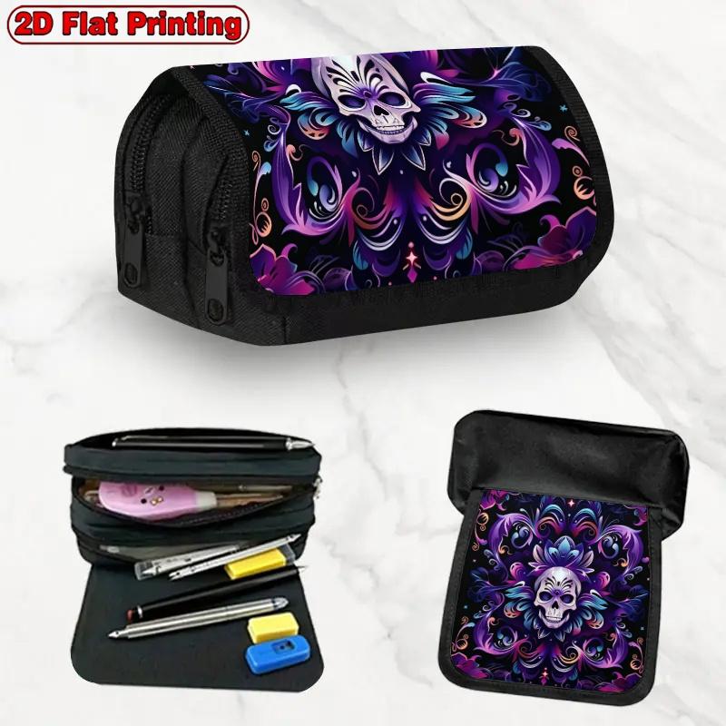 1pc Gothic Skull Flower Pencil Case - Double Layer Flip Cover with Zipper Closure, Multi-Compartment Office Suitable for Travel, for &, Birthday Gift,