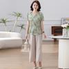 Chinese Style Summer Set: Short-Sleeve Xiangyunsha Blouse & Wide-Leg Pants for Mid-to-Older Mothers