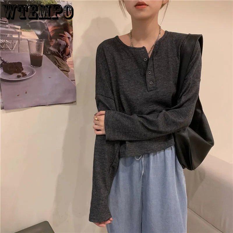 WTEMPO Women Long Sleeve Casual T-Shirts Elegant Simple Solid Button Design Retro Ins Spring Ladies Tees Loose All-match Tops