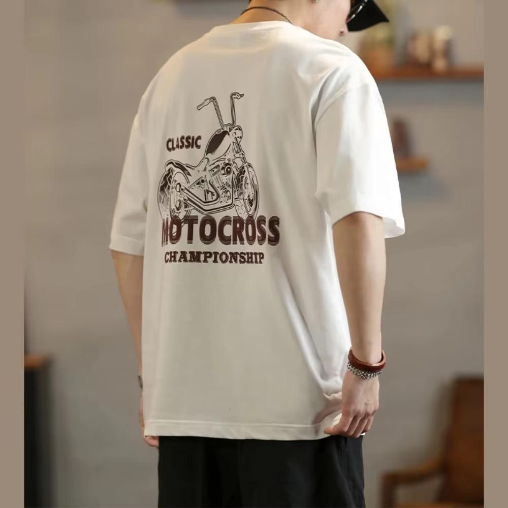 Summer Fashion Heavyweight Retro Men's Motorcycle 100% Cotton Printed Round Neck High Quality Leisure Fitness Street T-shirt