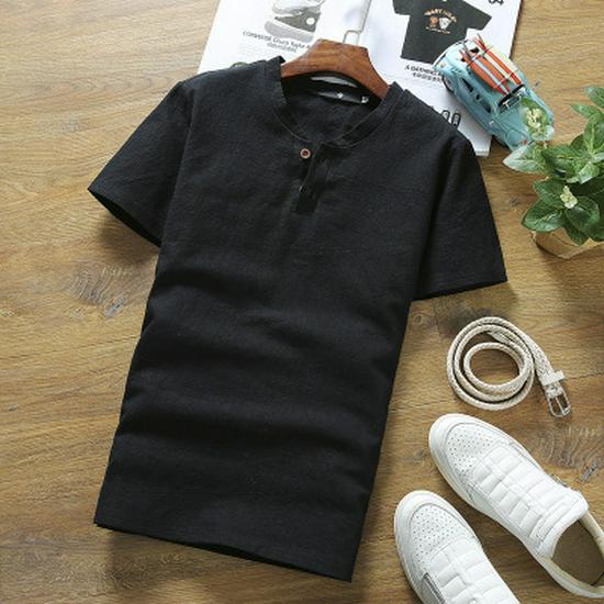 Men's Summer Cotton Linen V-neck T-shirt and Pants Two-piece Set - Plus Size