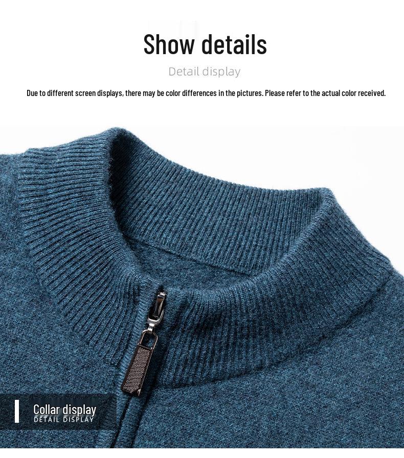 Märkes herrkofta i 100 % ull med dragkedja, avslappnad och mångsidig, tjock varm stickad plagg för unga och medelålders män