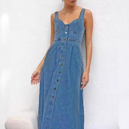 Denim Dress for Women Summer Casual Sleeveless Midi Dress with Pockets Button Down A-Line
