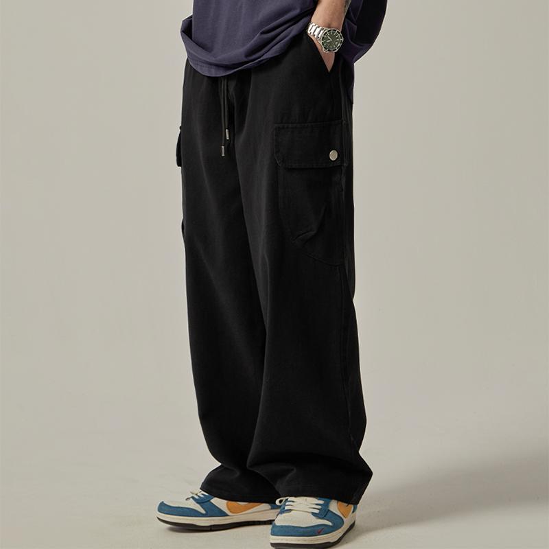 

Men s Sweatpants Spring Summer Vintage Japanese Wide Leg Straight Loose Button Big Pockets Cargo Pants Drawstring Trousers S чёрный