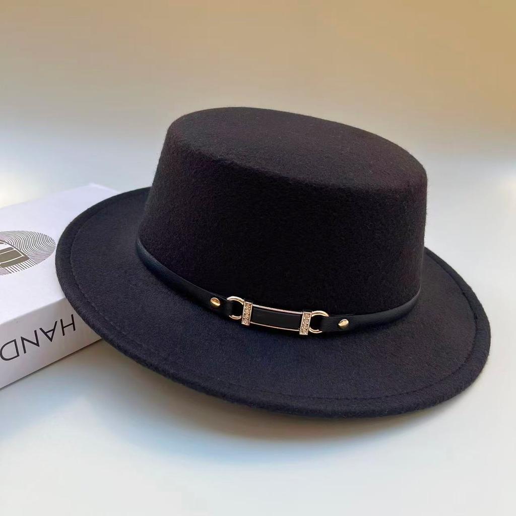 Hat Female British Autumn and Winter Celebrity Retro Versatile Jazz Hat Flat Top Felt Hat Black Wool Top Hat
