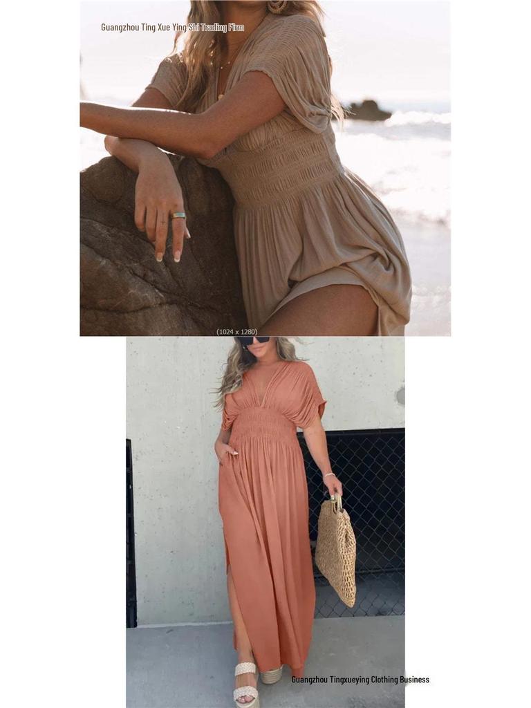 Summer V-neck Batwing Sleeve Elastic Waist Split Long Dress
