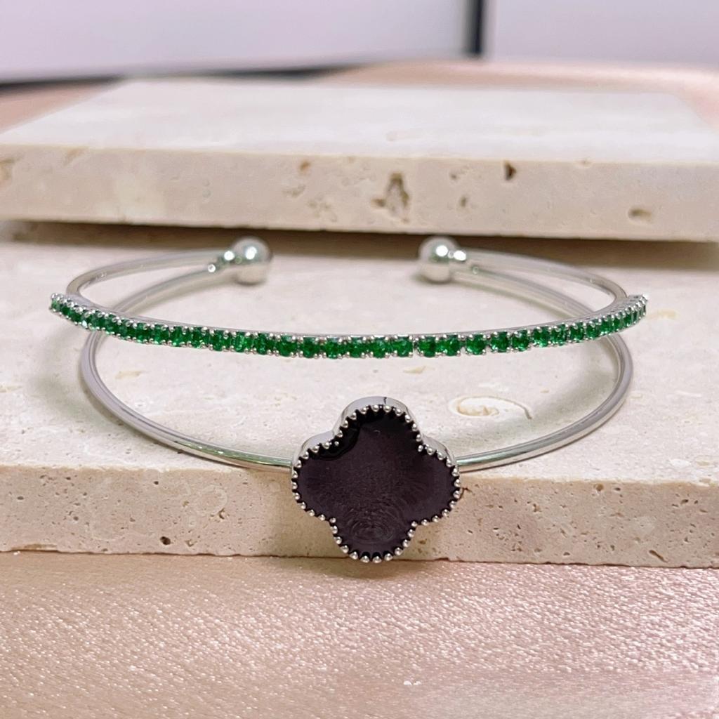 Brățară Premium Trifoi cu Patru Foi Zirconiu Strat Dublu Brățară cu Deschidere Ajustabilă Lux Non-Alergenic Brățară de Damă