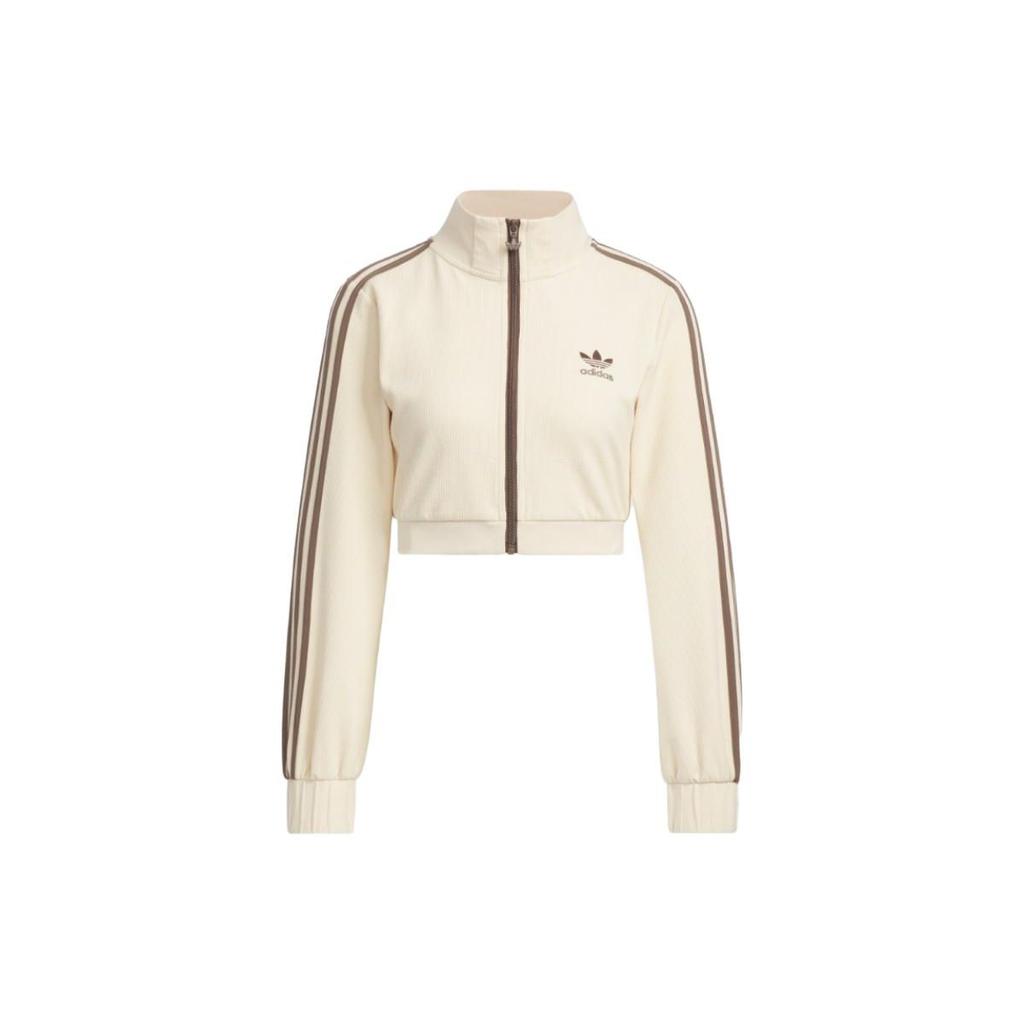 Adidas Originals Trefoil Stripe Zip-Up Stand Collar Short Jacket Women Outerwear Beige IP3005