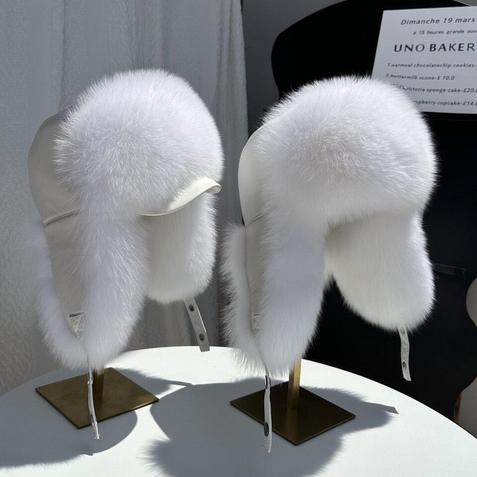 New Winter Men's 100% Real Silver Fox Fur Bomber Hat Raccoon Fur Ushanka Cap Trapper Russian Man Ski Hats Caps Real Leather