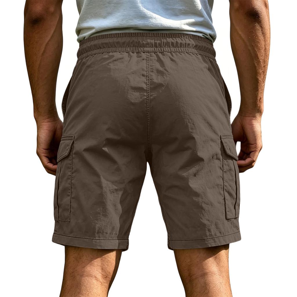 Men's Casual Cargo Shorts Elastic Drawstring Waist Multi-Pocket Summer Quick Dry Workout Solid Color Beach Short Pants