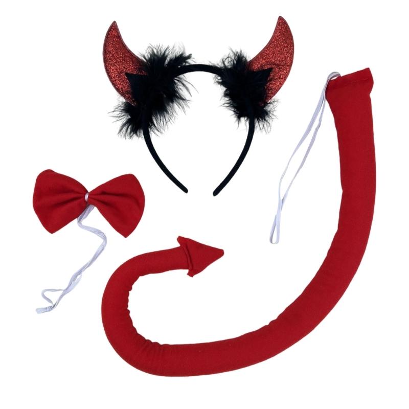 Halloween Cow Costume Animal Dress up Set Includes Cow Horn Headband, Tail, Bowtie for Kid Girl Halloween Cosplay Party