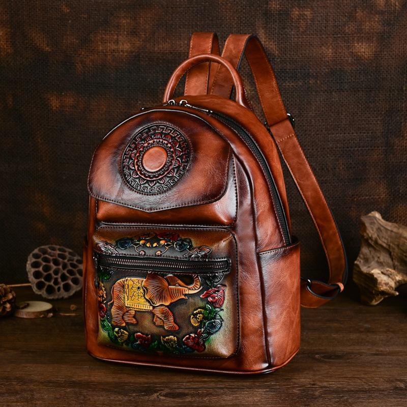 Johnature Mochila de couro feminina retrô com estampa de elefante, estampa de grande capacidade, bolsas de viagem para lazer