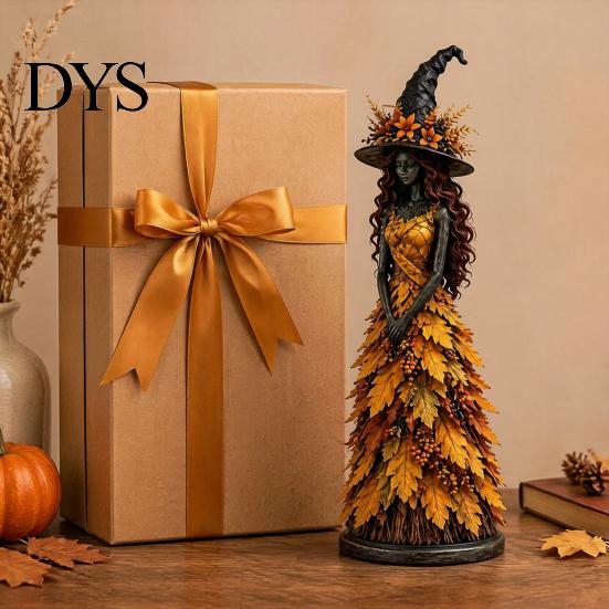 Spooky Halloween Party Decoration Autumn Witch Figurine, Fall Tabletop Statue with Leaf Harvest Home Decor Gown, Seasonal Resin for Mantel Shelf