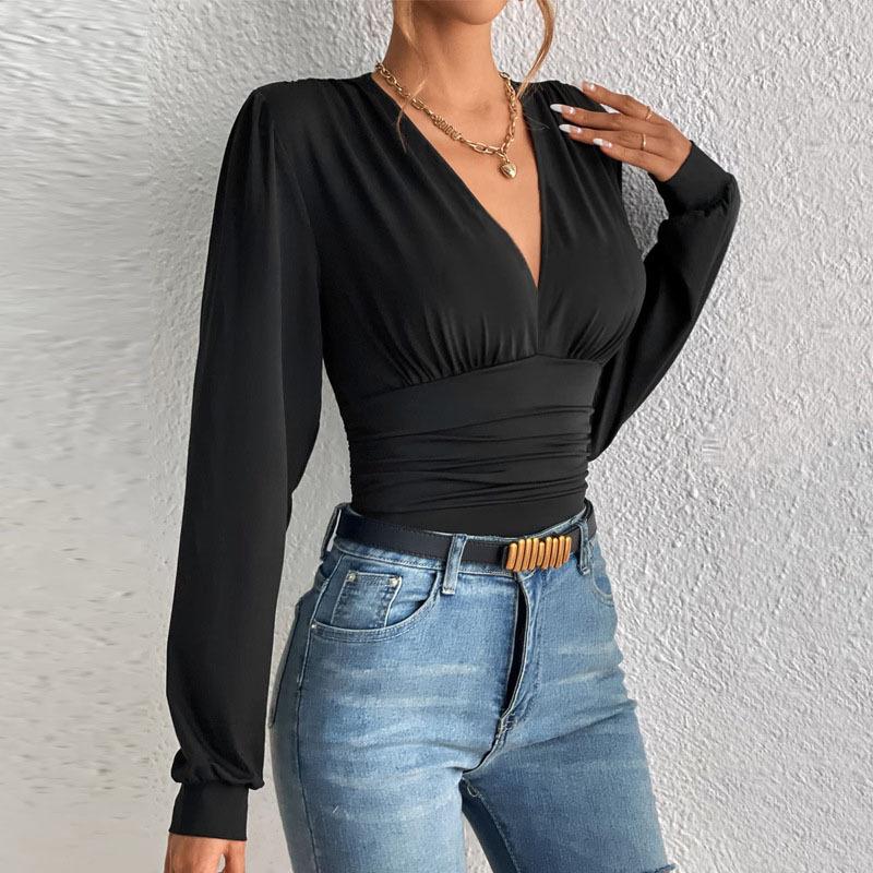 Herbst Frühling Frauen Sexy Tiefem V-Ausschnitt Langarm Solide Tops Blusen frauen Schlank Elegante Streetwear Top Femme Bluse