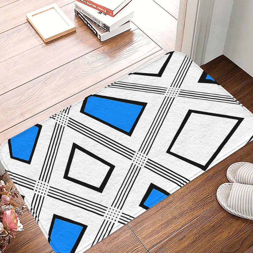 Blue White Black Geometric Print Doormat Printed Polyester Machine Washable Entrance Floor Mat 80x50cm