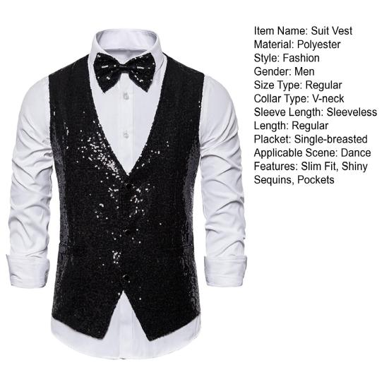 Men Suit Vest V-Neck Sleeveless Single Breasted Stage Show Waistcoat with Pockets Slim Fit Shiny Sequins Bow Tie Weddings Proms Vest