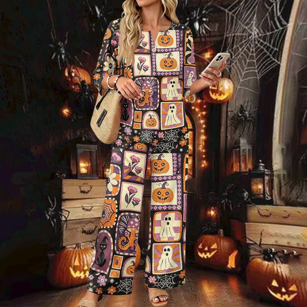 Women's Casual Button Down 3/4 Sleeve Top and Wide Leg Pants Two Piece Set
