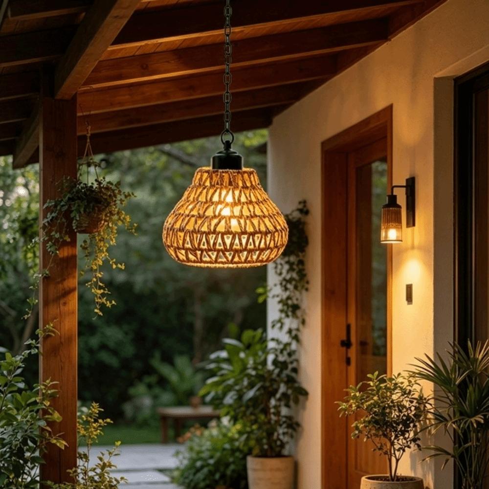 Long Iron Chain Rattan Hanging Lights Rope Woven Shade Brightness Adjustment Rechargeable Pendant Light Chandelier Fixture