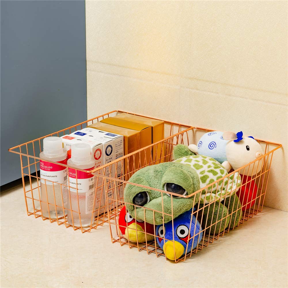 SANNO Wire Storage Basket, Household Storage Box, Small Item Storage Case, Refrigerator Compatible, with Handle, Rose Gold, Set of 2