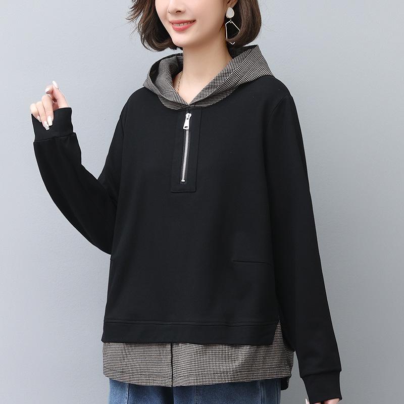 

Женский худи пэчворк с капюшоном - Весна/Осень 2024 Повседневный свободный крой для мам среднего возраста XL чёрный