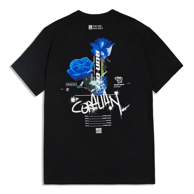 CORALIAN Runoff Blue Rose Mesh Cotton Short Sleeve T-Shirt Black