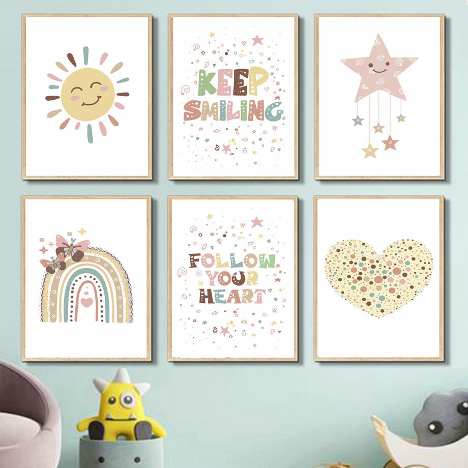 Cartoon Sun Stars Heart Rainbow Butterfly Nursery Nordic Posters Wall Art Canvas Painting Wall Pictures For Baby Kids Room Decor