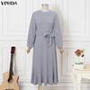 VONDA Abito Maxi Svasato Casual Base in Maglia a Coste con Scollo Tondo e Maniche Lunghe da Donna per l'Autunno