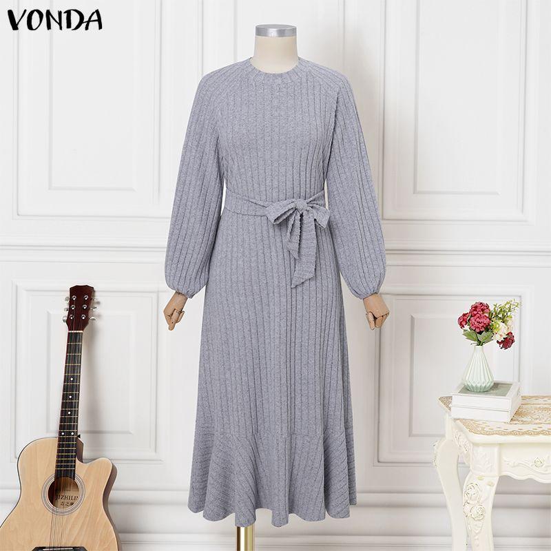 VONDA Abito Maxi Svasato Casual Base in Maglia a Coste con Scollo Tondo e Maniche Lunghe da Donna per l'Autunno