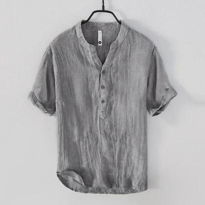 Men's Retro Linen Short-Sleeve Polo Shirt with Stand-Up Collar