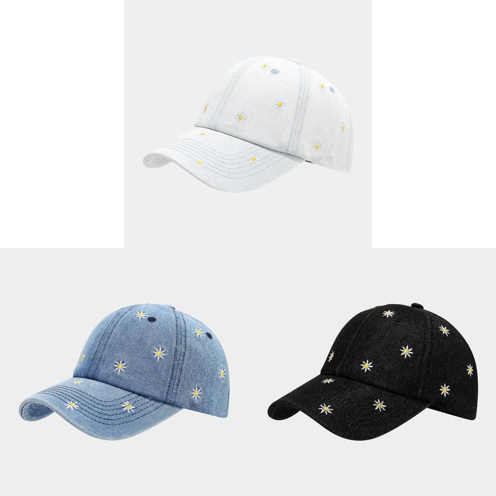 Embroidered Daisy Flower Denim Baseball Hat With Sunshade For Casual Day Out