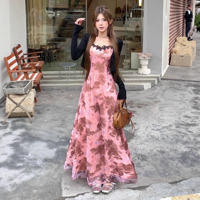 Pure desire lace splicing tie-dye suspender dress set women's summer thin sunscreen cardigan sweet and spicy waist dress