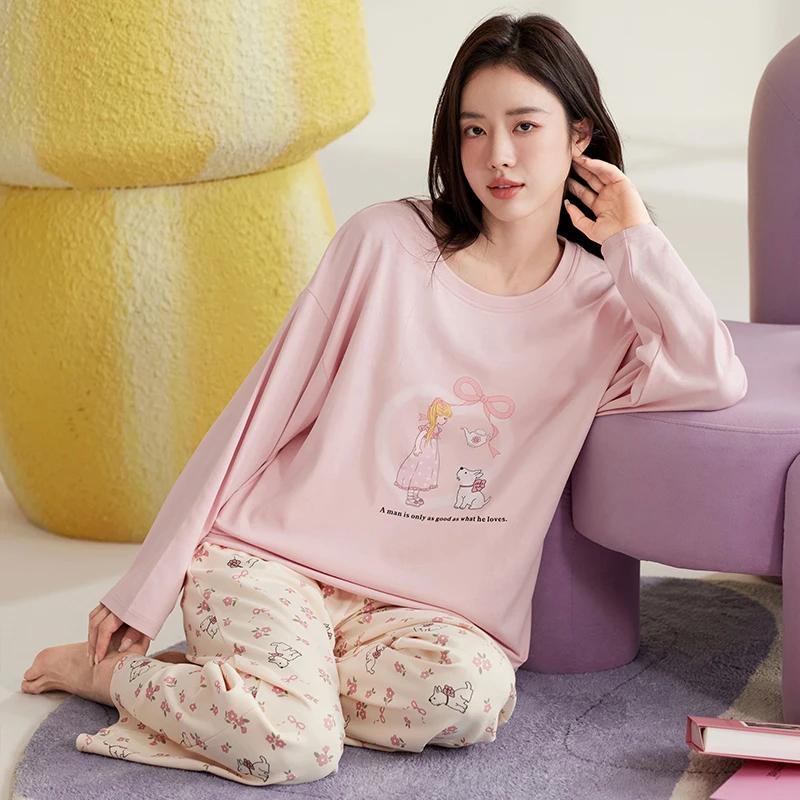 Niedliches Katzen-Pyjama-Set Damen Herbst Winter Langärmlig Lange Hose Nachtwäsche Weiche Pijamas Gemütliche Pyjamas Kawaii Nachthemd Mädchen