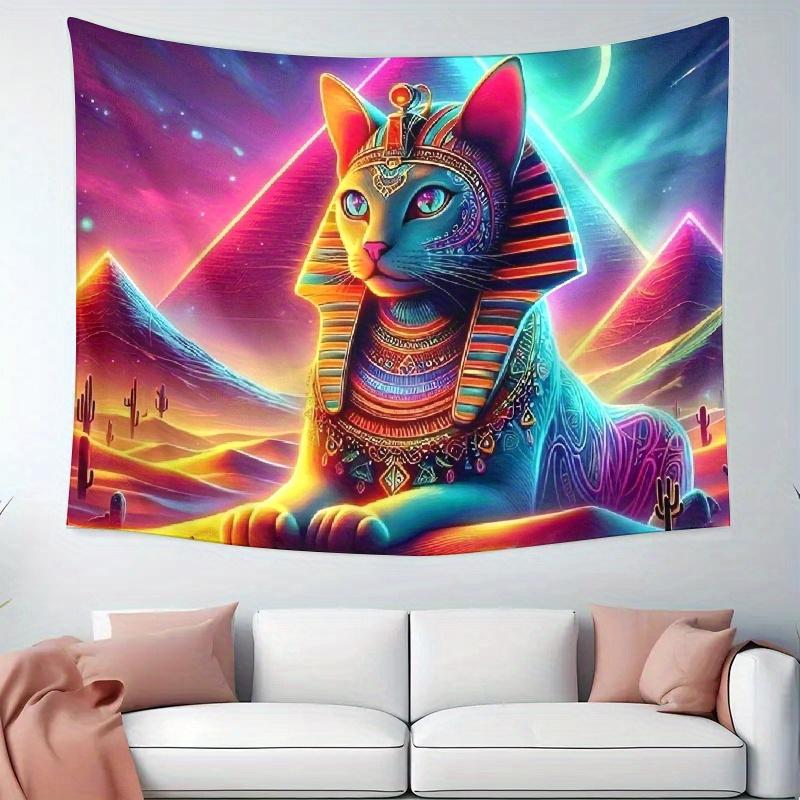Egyptian Neon Cat Pattern Digital Printing Polyester Wall Tapestry Suitable For Use In Living Rooms Bedrooms Offices Bars Party