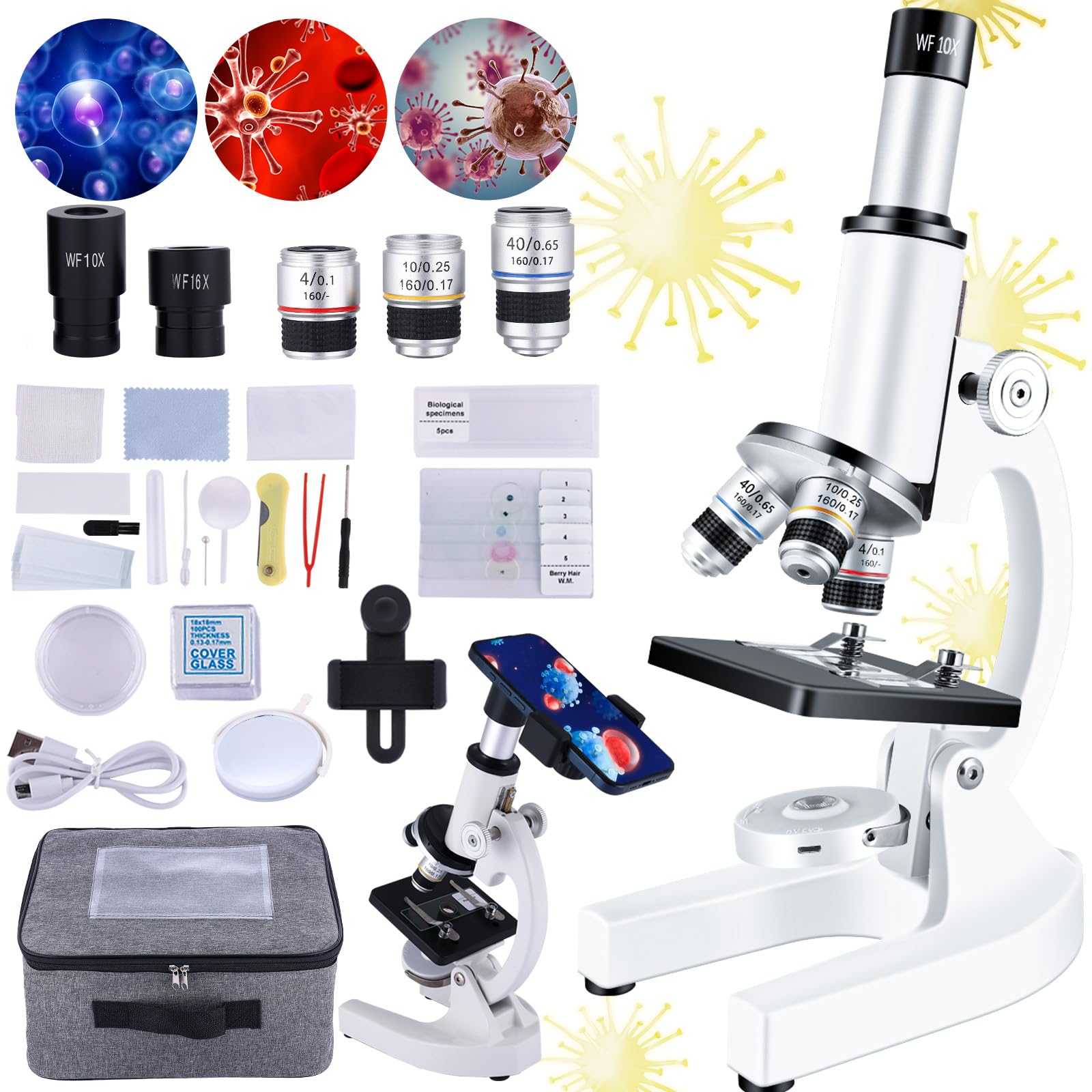 

Mixing Microscope with Microscope Slide Handpiece Microscope Kit for Kids Students Home School Laboratory Children s Microscope, 40X-2000X Adapter,