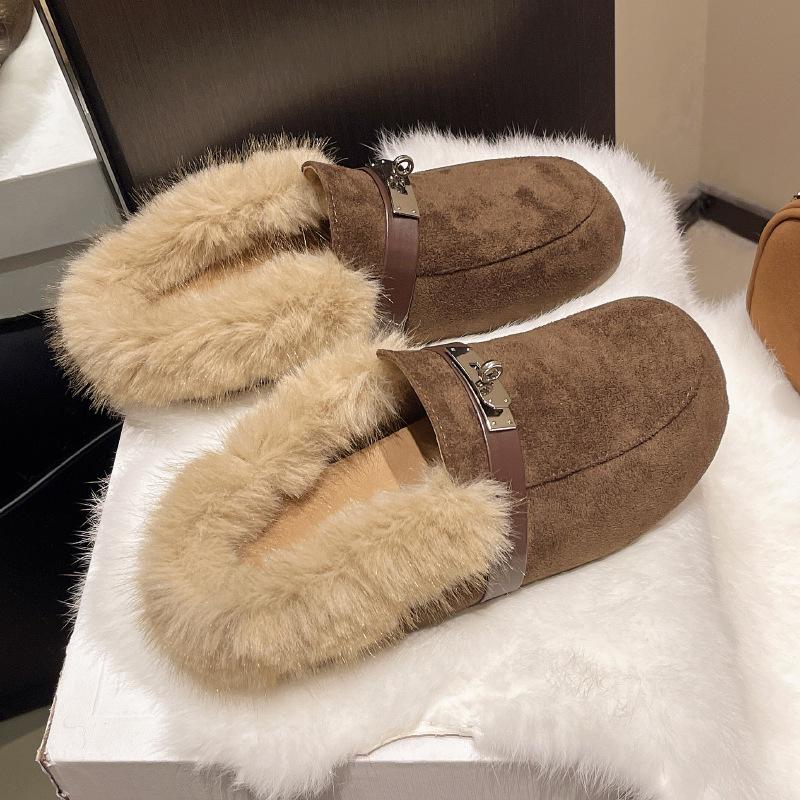 Korean version of retro metal fluffy slippers women's outer wear 2025 autumn and winter new plush muller shoes bag head cotton slippers