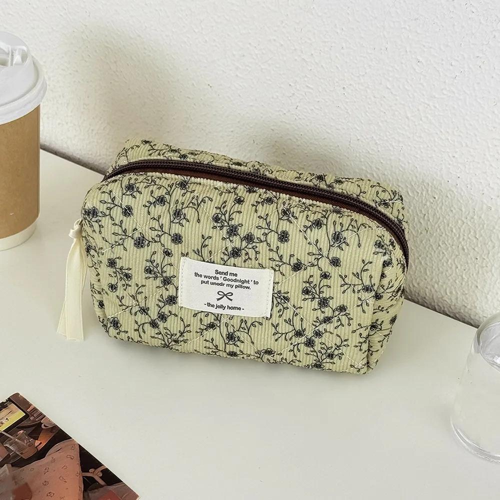 

New Corduroy Pen Bag Line Rose Pattern Fresh Floral Floral Storage Bag Multi-function Stationery Organizer Gift