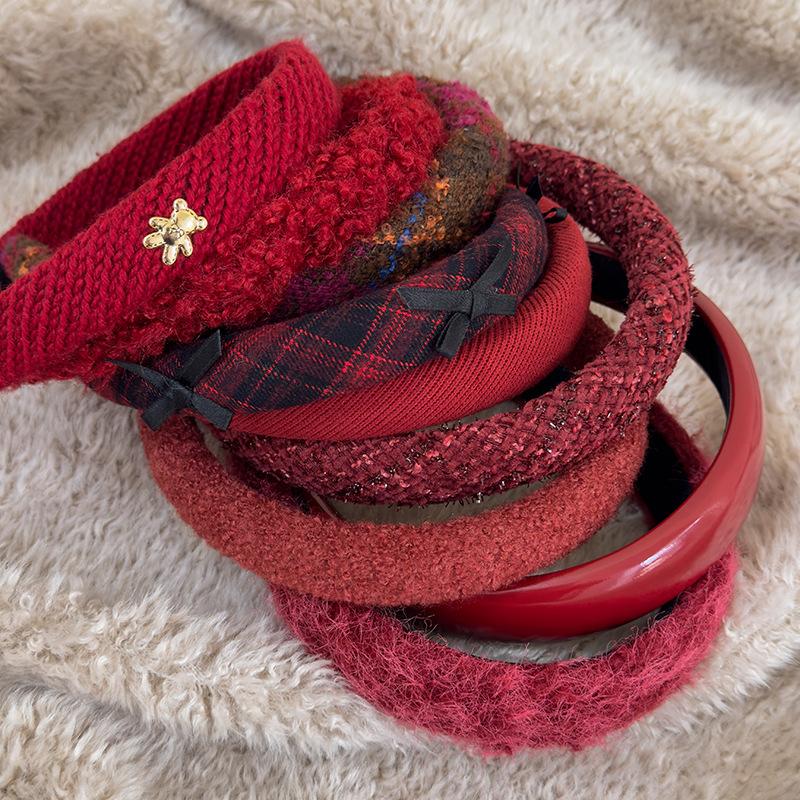 Rote Neujahrs-Stirnbänder Herbst/Winter Retro Wollstrick Haarband für Frau Mädchen Temperament Haarreif Weihnachtsaccessoires