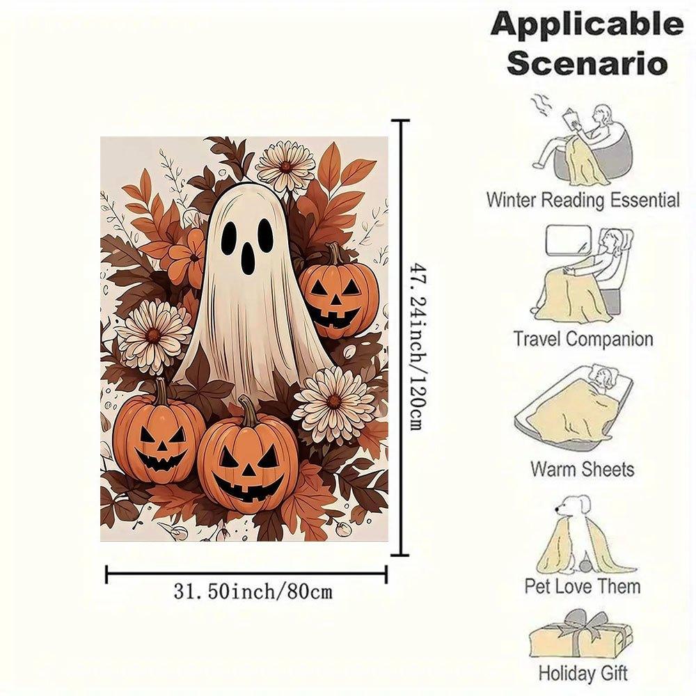 Halloween Ghost and Pumpkins Illustration PrintBlanket Flannel Throw Blanket for Sofa, Bed, Travel, Camping, Office, Couch, Chair