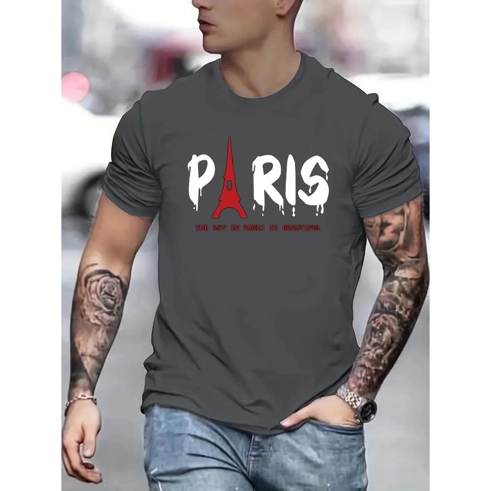 Men's Summer Eiffel Tower Printed 100% Cotton Large Loose Round Neck Short Sleeve T-shirt Top  fashion casual