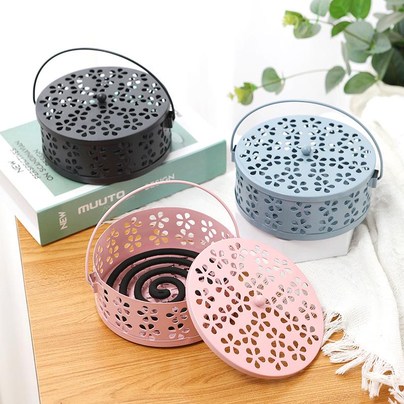 Wrought Iron Mosquito Coil Holder with Lid - Fireproof, Anti-Scald Incense Burner for Indoor Use.