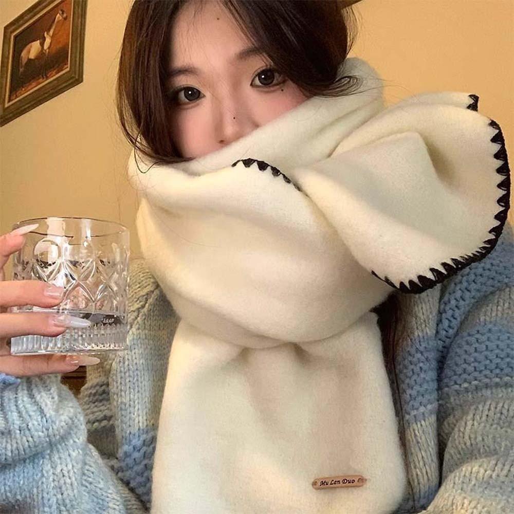 Polyester Lock Edge Winter Scarf Solid Color Women Warmer Scarf Long Thickened Neckscarf New Year