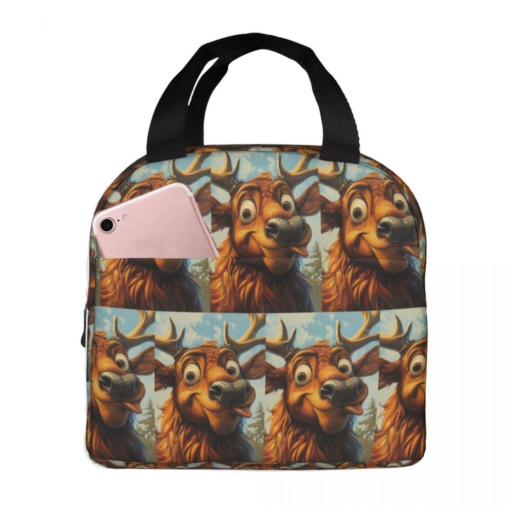 Cartoon Moose Oil Painting Insulated Lunch Bag for Women Kids Portable Food Boxes Thermal Lunch Box Tote