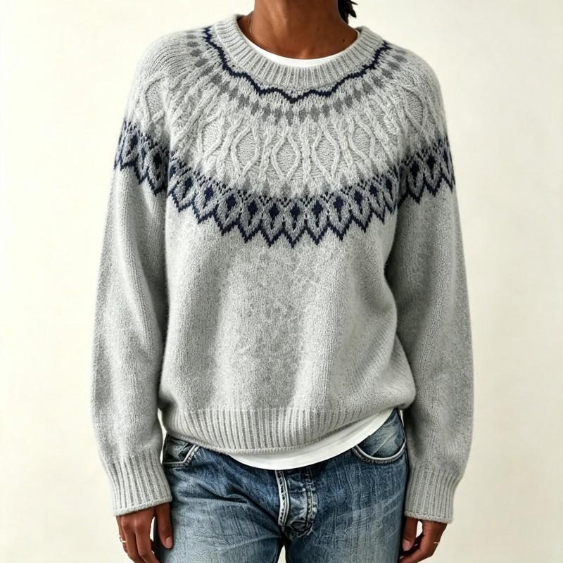 Womens Oversized Crewneck Knit Sweater With Fair Isle Colorblock Soft Acrylic Blend Loose Fit Winter