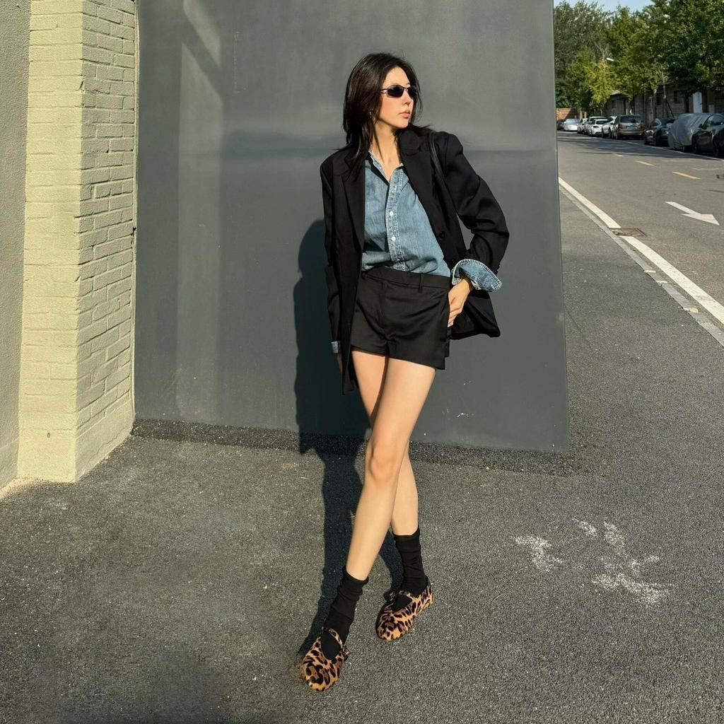 Sheepskin~ Genuine Leather One-word Buckle with Mary Jane Shoes Women's Soft-soled Ballet Flats Light Mouth Versatile Leopard Print Single Shoes