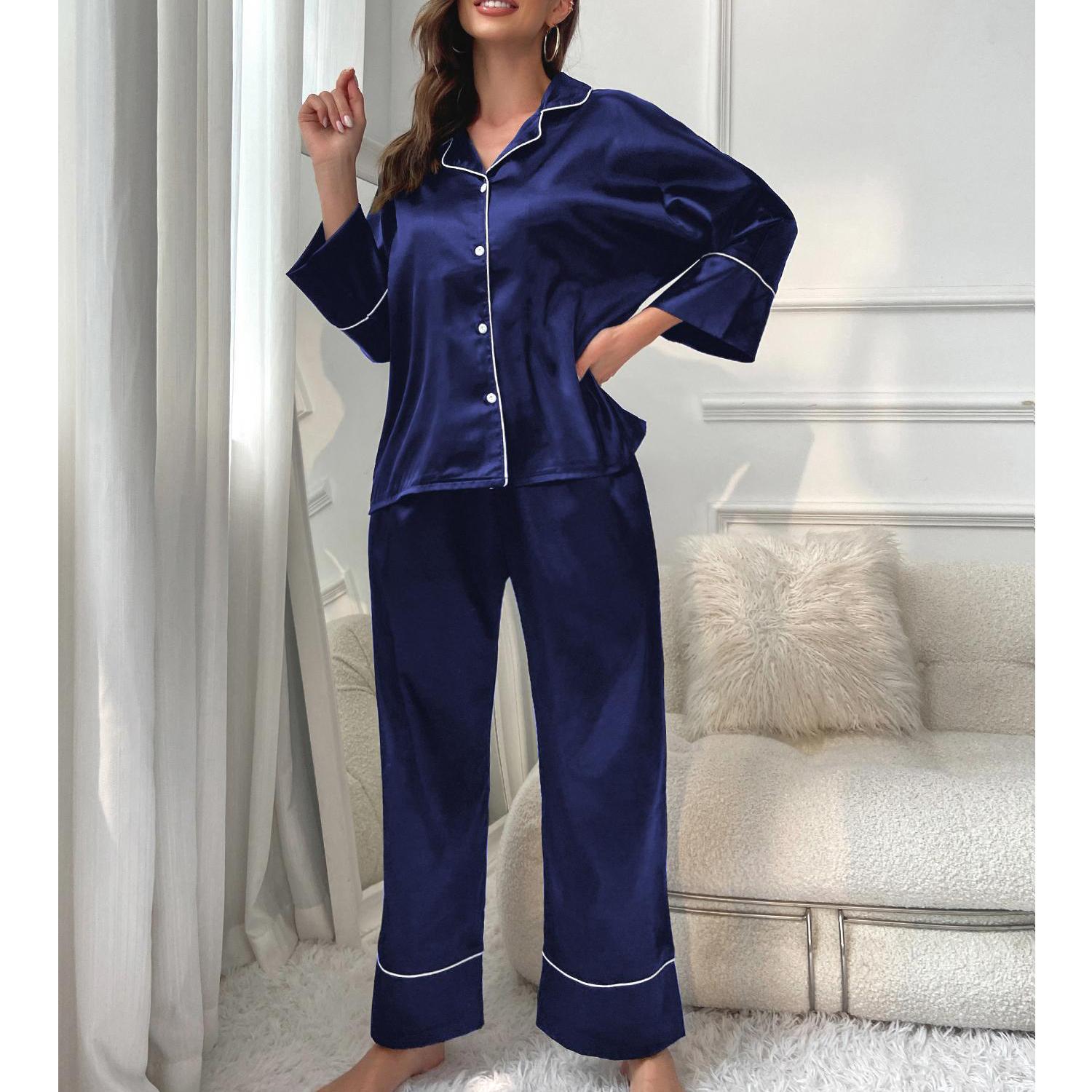 

Женские пижамные костюмы из искусственного шелка и атласа, пижамный комплект с длинными рукавами, рубашка на пуговицах и брюки, пижамная одежда для сна, осенне-весенняя одежда для отдыха XL темно-синий