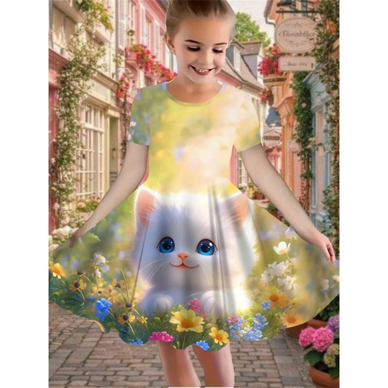 [Girls' Butterfly Dress] Holiday Party Girl Short Sleeve Dress - 3D Butterfly Princess Print,